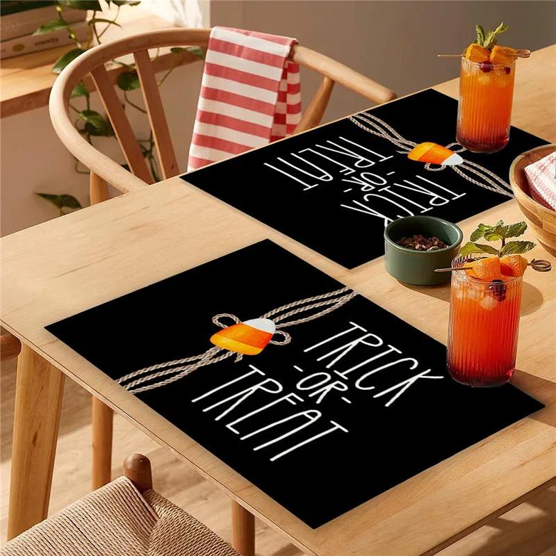 6PC Halloween Pumpkin Black Cat Placemats Festival Kitchen  Linen Dinning Table Mats Bowl Coffee Cup Pads Mats Home Decor