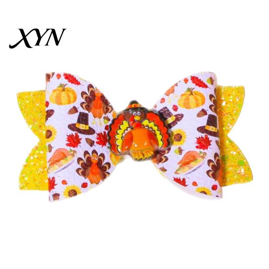 Fall Theme Hair Decor Thanksgiving Turkey Bow Clip for Girls, Decorative Pins, Glitter Bows Kids Double Layer Clip, Cute Autumn Holiday Party