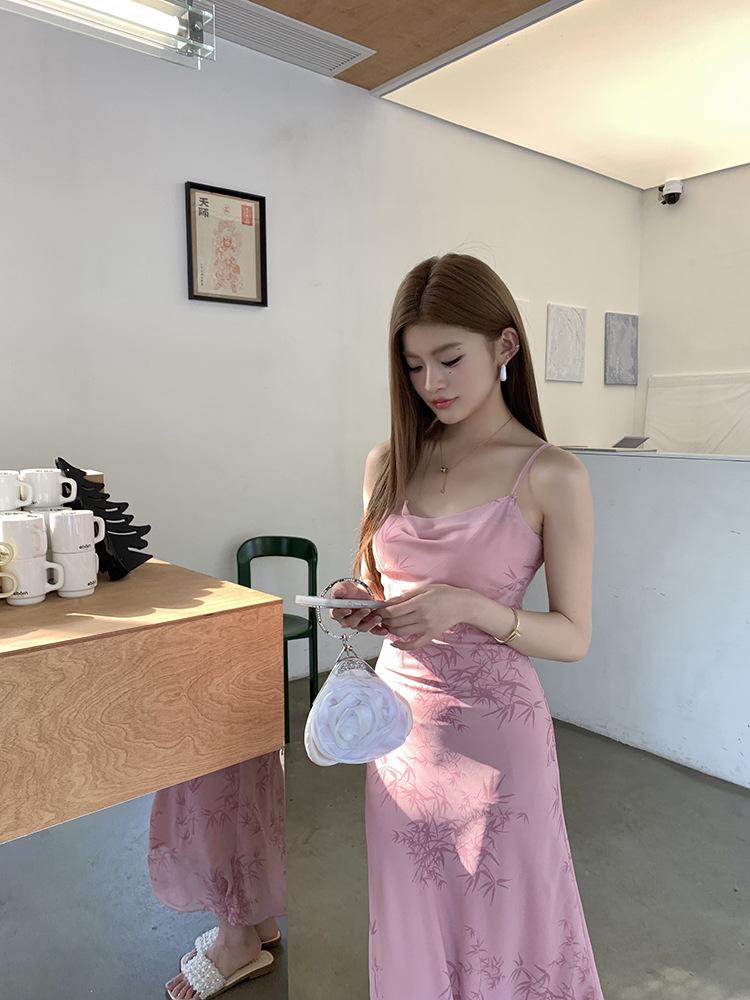 2026 Spring/Summer Pink Bamboo Rhyme Spaghetti Strap Long Dress for Women