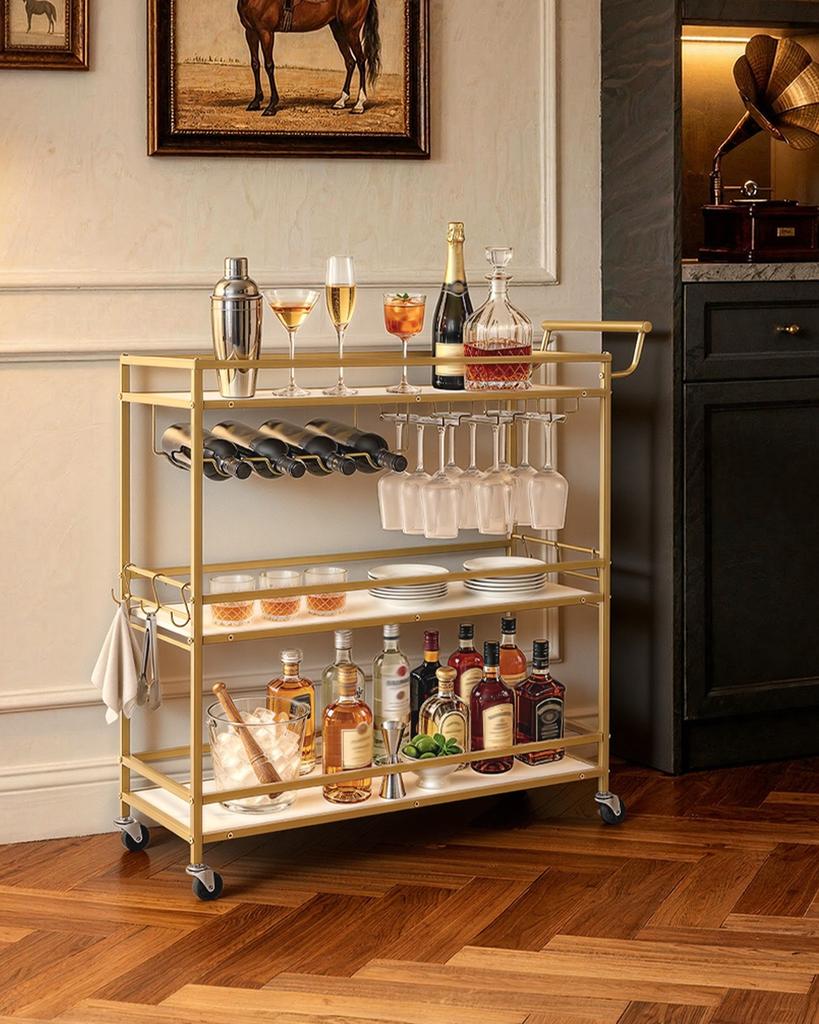 Bar Cart, 3 Tiers Home Kitchen Serving Carts, Modern Rolling Utility Station on Wheels, Mobile Drink Beverage Trolley with Wooden Shelf, Wine Rack,