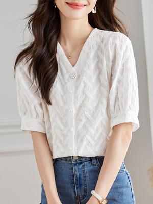 Cotton Cocoon V-Neck Puff Short Sleeve White Summer Shirt