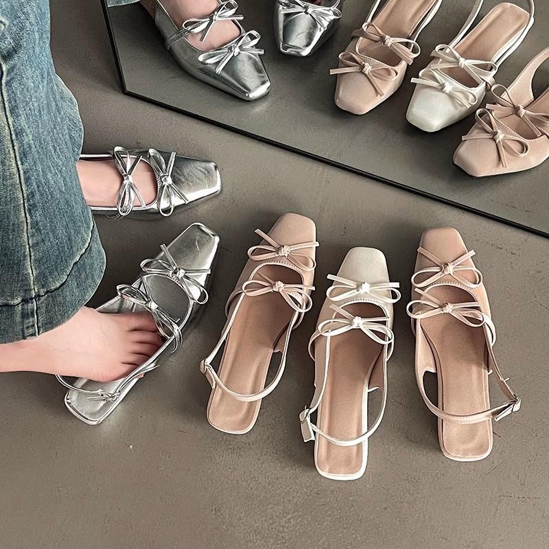 Premium high heels women's new summer fashion bow empty Mary Jane shoes silver light mouth wedge heel single shoes