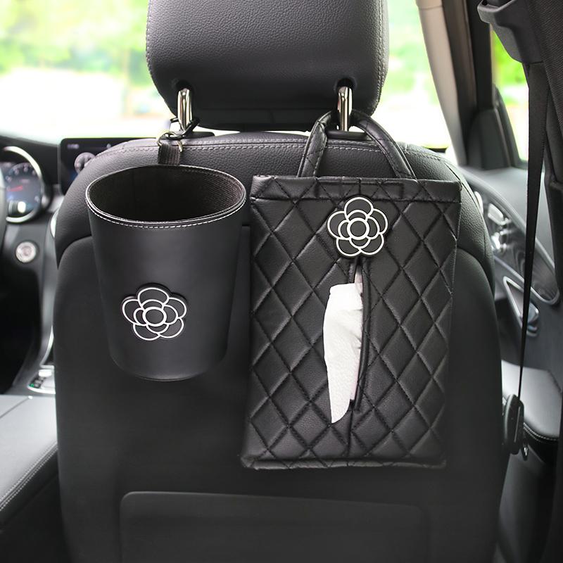 

Creative Camellia Flower Leather Car Tissue Paper Towel Bag Auto Back Seat Headrest Hanging Trash Bin Can Women Car Accessories