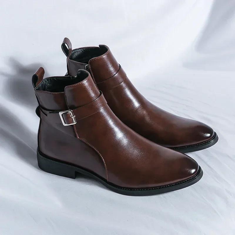 Fashion Autumn New Men's Boots British Style Pointed Formal Leather Oxford Shoes Dress Boots Chelsea Business Ankle Boots High-Top Shoes