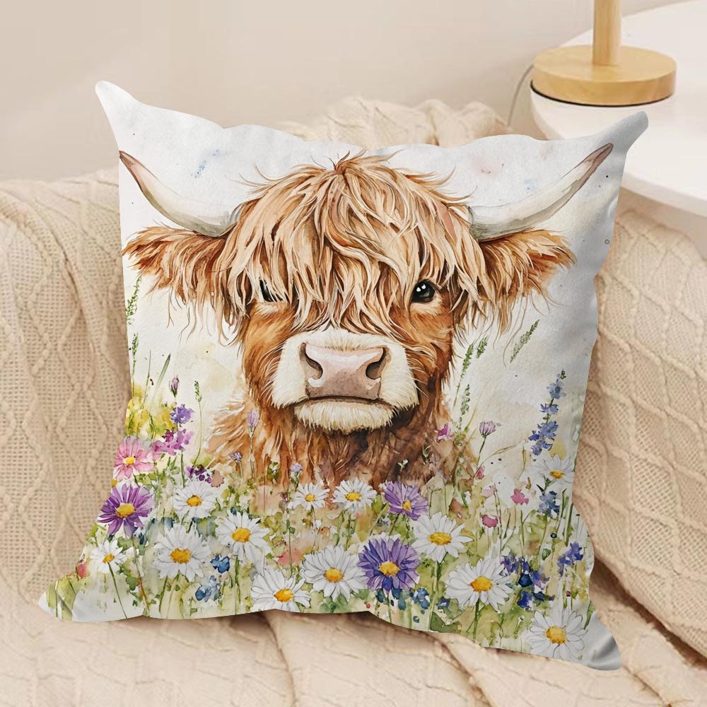Scottish Highland Cow Cushion Cover Soft Plush Fabric DoubleSided Printed Cushion Covers for All Seasons Modern HomeDecor Gift