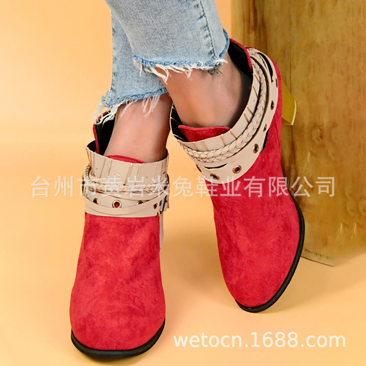 

Fashion Large Size Braided Belt Buckle Rivet Coarse Heel Short Boots Women s High Heel Martin Boots Frosted 34 чорний
