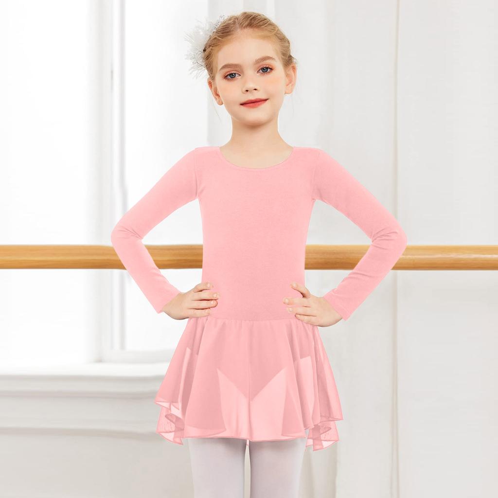 Girls' Color Long-sleeved Tulle Bodysuit Dance Costume