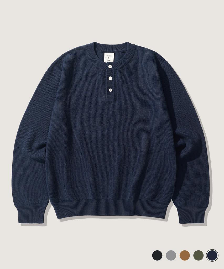 FP142 Wave Regular Henley Neck Knit Navy Khkn1587
