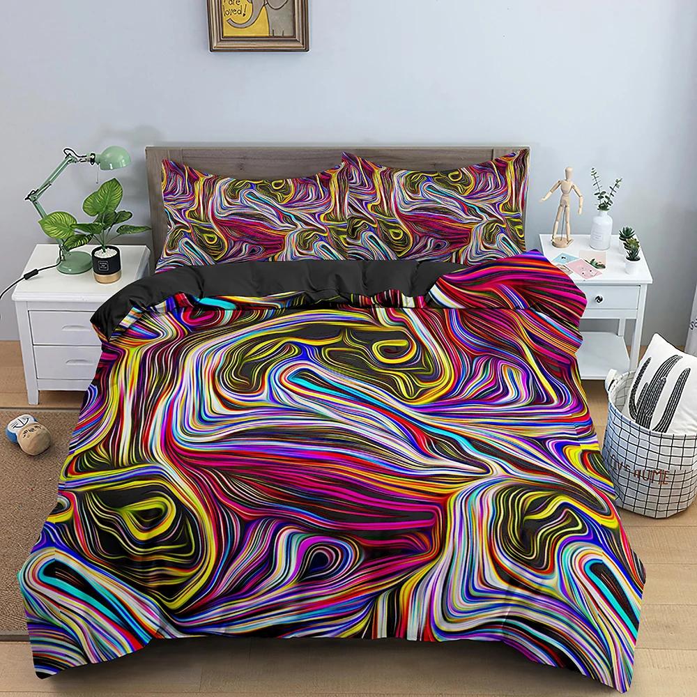 Geometrický 3D tištěný ložní set Měkký 3D abstraktní povlak na přikrývku King Queen Double Psychedelic 2/3ks polyesterové povlaky na přikrývku