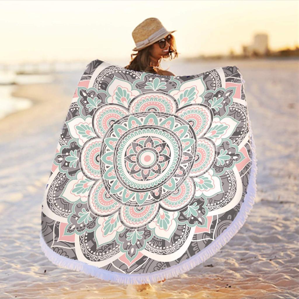 Round Gold Yellow Mandala Beach Towel Blanket,Microfiber Soft Sand Free Large Water Absorbent Beach Blanket Swim Pool Towel