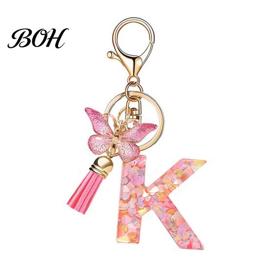 Compact Keychain Pink Series Pendant, Sequins Heart Initial Letter Charm Key Chain with Durable Butterfly Tassel Design, A-Z Holder for Bag
