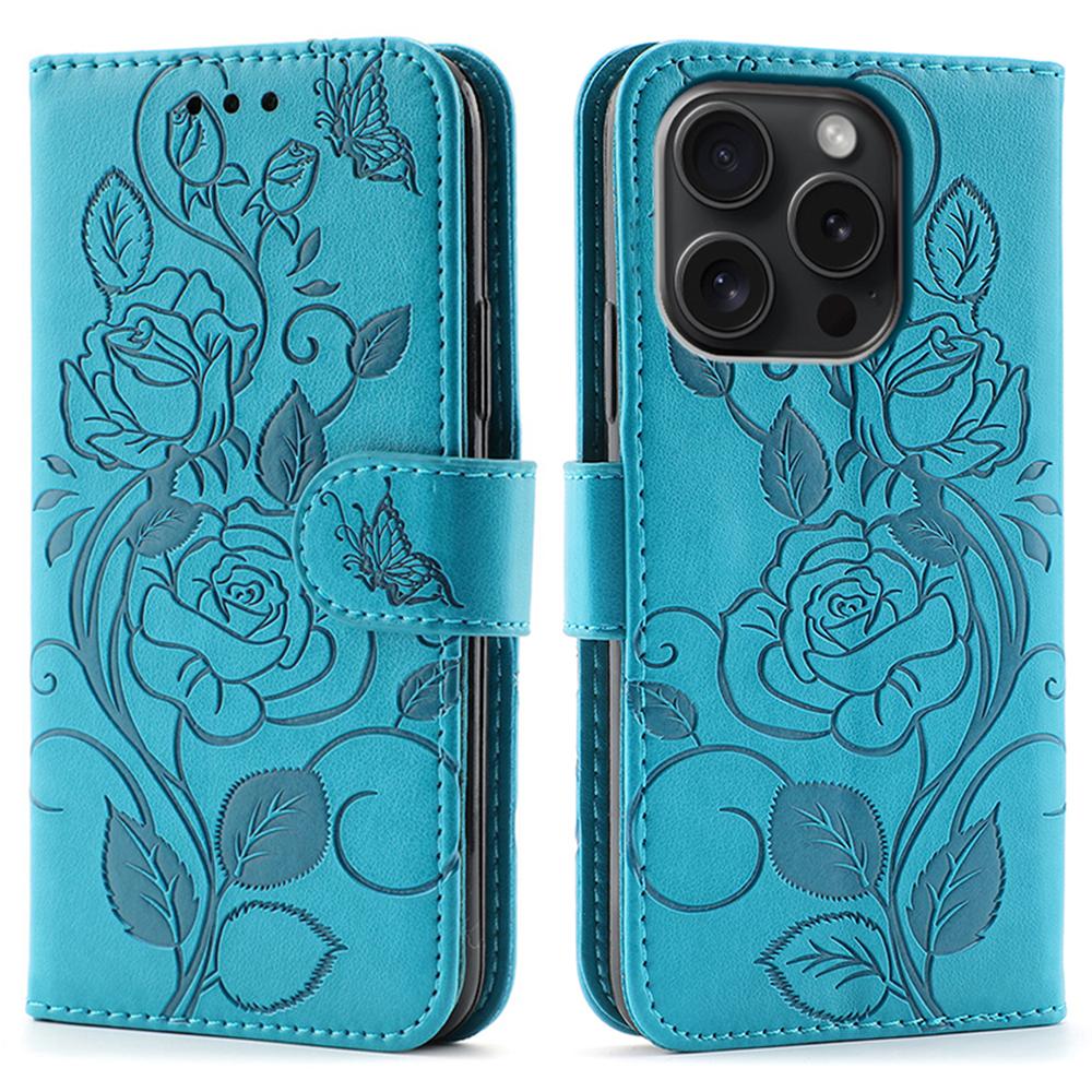 

For iPhone 15 Pro Case Wallet Stand Imprinted Rose Butterfly PU Leather Phone Cover Blue