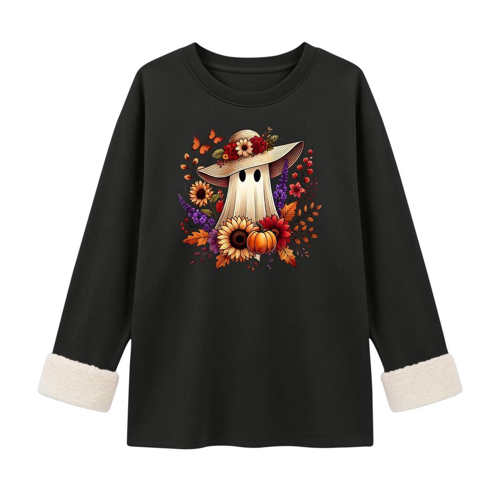 Women's Long Sleeve Pullover Round Neck Halloween Print Winter Casual Top