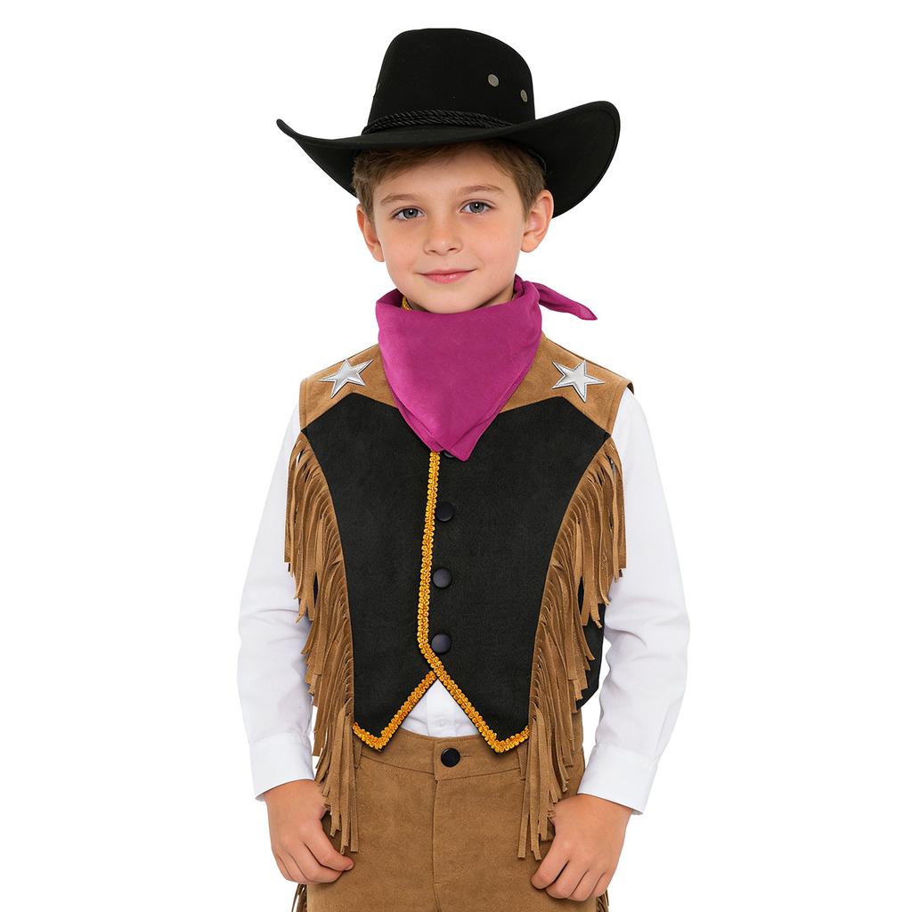 Costume da Cowgirl Western per Bambini Set Gilet Frangiato Bordatura in Nastro Dorato Bottoni a Pressione Cappello a Tesa Larga Bandana Outfit