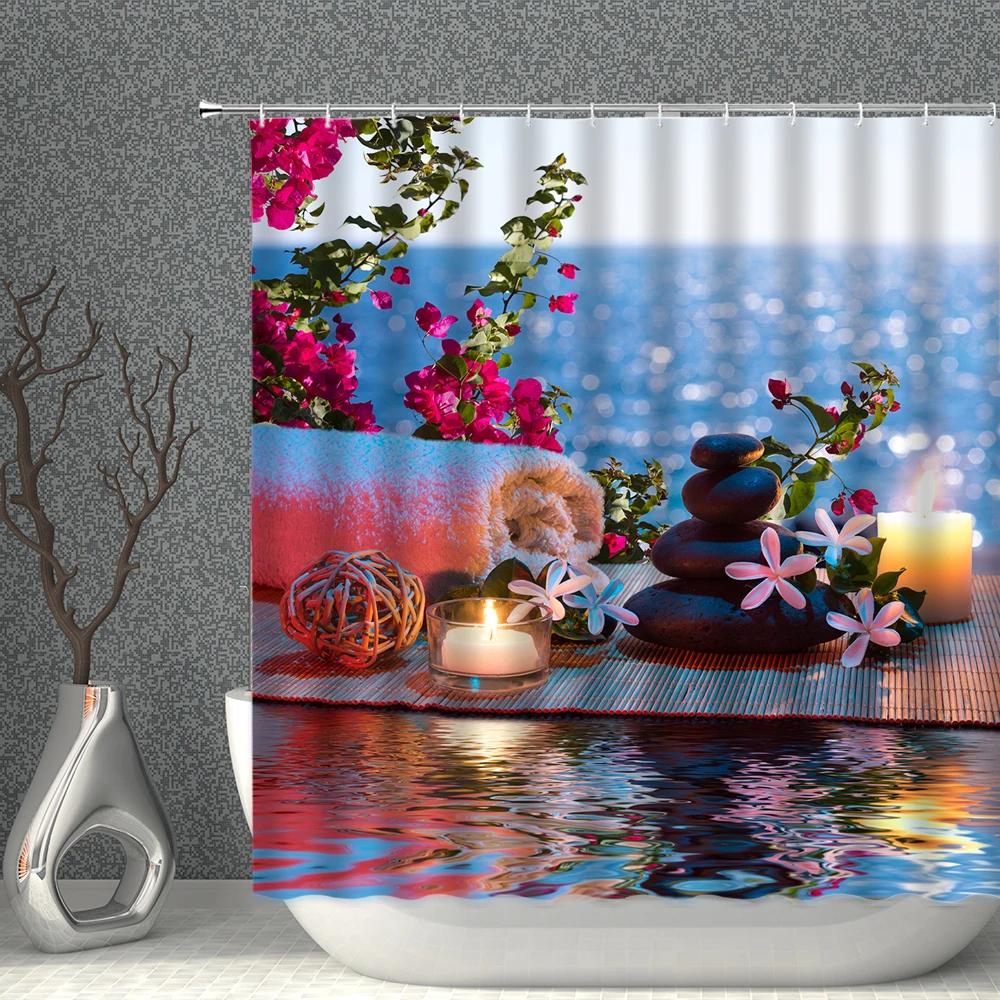 Zen Shower Curtain Green Bamboo Flowing Water Buddha Flower Goldfish Animal Bathroom Curtain Waterproof With Hooks Home Decor