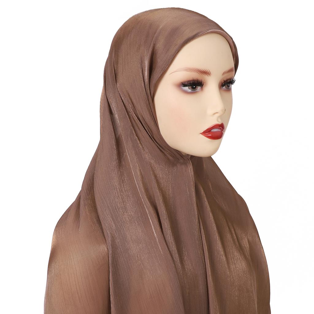 New Solid Color Glitter Hijabs 2Pcs With Undercap Muslim Ladies Soft Head Wrap Shimmer Satin Crepe Hijab Shawl