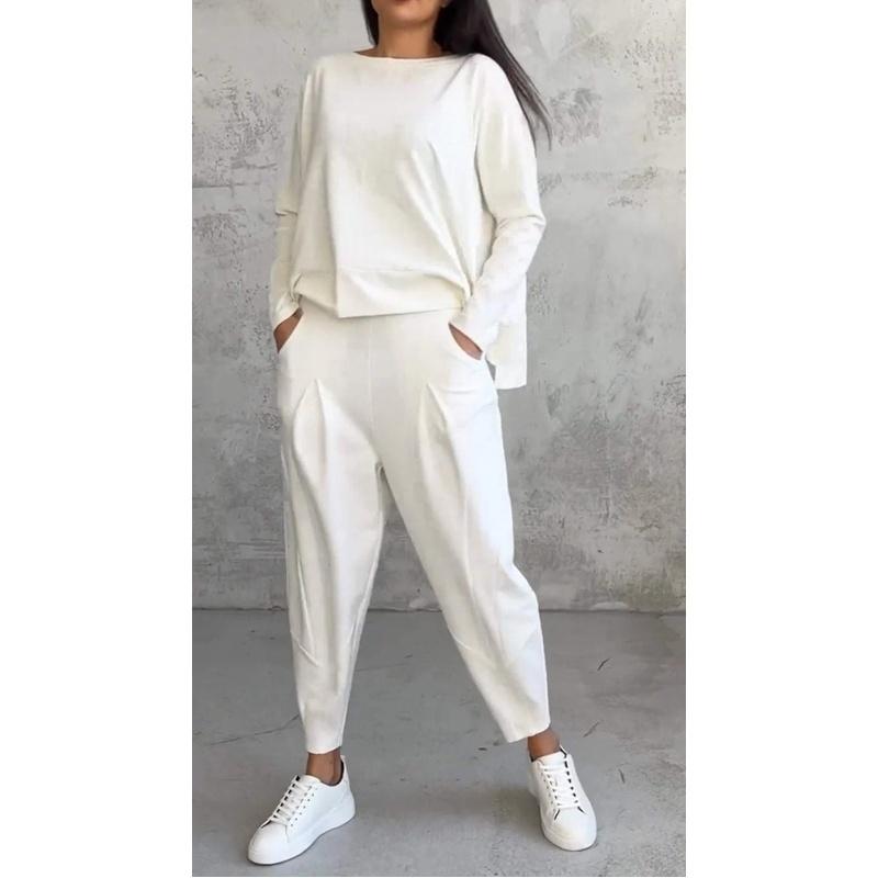 Women's Solid Color Crew Neck Long Sleeve Top & Pleated Pocket Harem Pants 2 Piece Loungewear Outfit Set