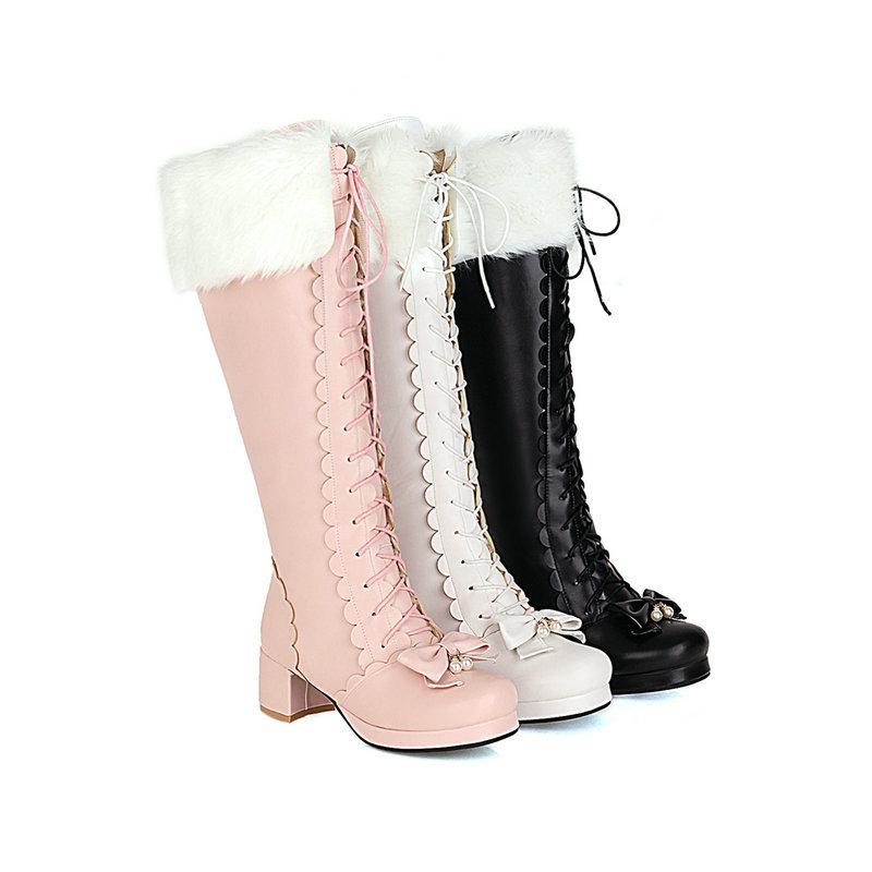 Fashion Princess High Knee Boots Winter Shoes Woman Bowknot Chunky Heel Lolita Shoes Side Zipper Girls Boots Large Size 30-43