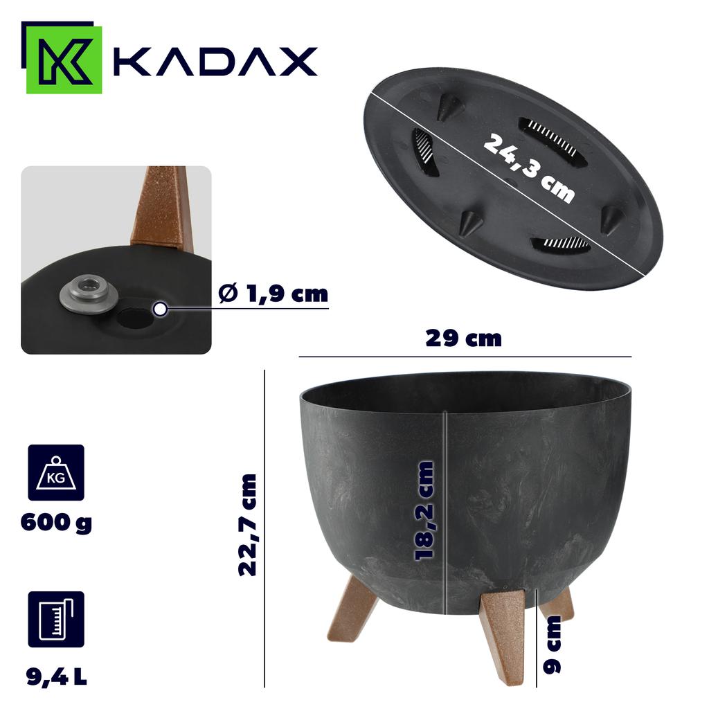 KADAX Flower Pot Planter 29cm Cover + Insert Legs Cork Flower Stand Black