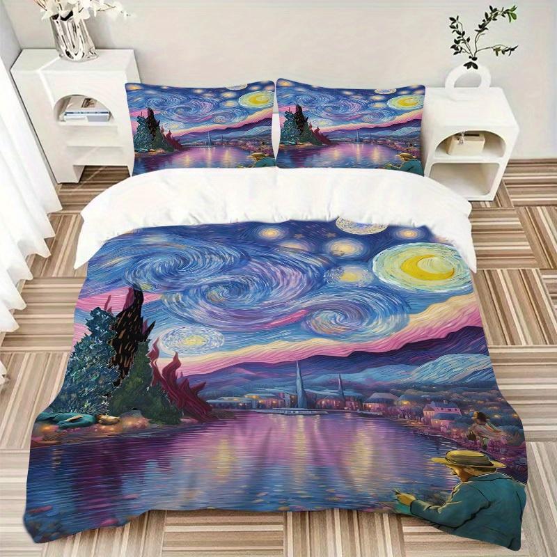 3Pcs Van Gogh Inspired Printed Bedding Set, Breathable and Soft, Machine Washable, Christmas Gift, Suitable for Bedroom Decoration, 15140
