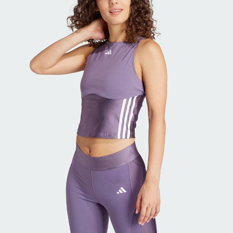 Adidas Hyperglam Shine Crop Tank Top With Logo Stripe Round Neck Quick-Dry Sports Fitness Vest Women Tops Dark-Grey Violet IN6822