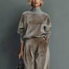 Women's Light Brown Velvet High Neck Top and Wide Leg Pants Set
