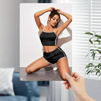 Iron Gym Sign Black White Athletic Woman Art - Heavy Duty Iron Plate for Home Gym, Spa Decor