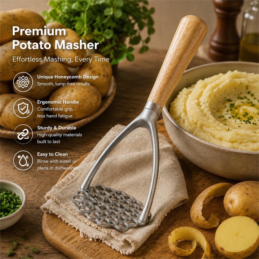 Aluminum Manual Potato Masher, Meat Potato Press Tool, Mixer, Food Cutter, Grinder, Wooden Handle Garlic Pusher, Kitchen Utensil