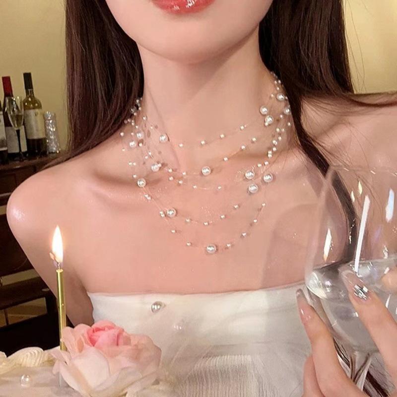 Elegante mehrlagige Perlen-Schlüsselbeinkette - Leichter Luxus & Frischer Modeschmuck