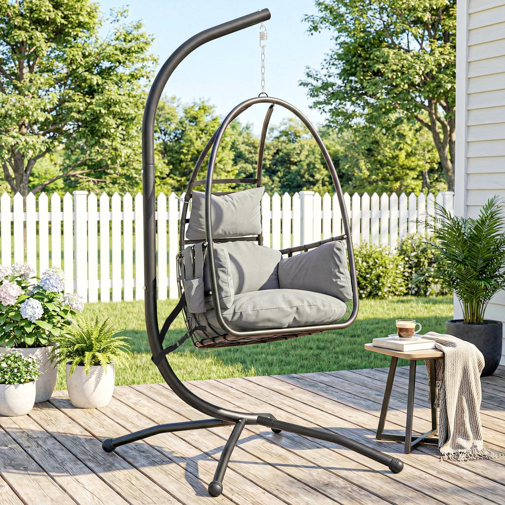 Hanging Egg Chair, Indoor Outdoor Swinging Hammock Chair with Stand, Foldable Basket, Side Pocket, Dark Grey