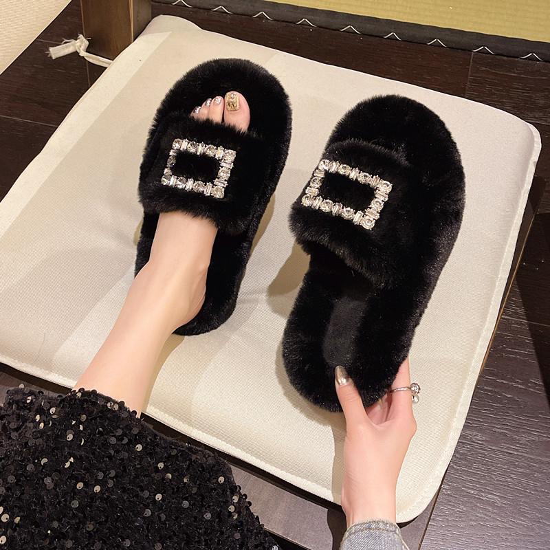 Fashion Slippers Women Fluffy Flip Flops Furry Slides Slipper Ladies Shoes Crystal Hollow Flat Faux Fur Sandals Decor Platform Footwear