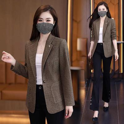 Coffee Plaid Retro Women's Suit Jacket - Korean Style, Slimming, Loose-Fit, Spring/Autumn