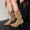 Pile medium boots thin short boots short boots thin heel high heel western thin apricot denim