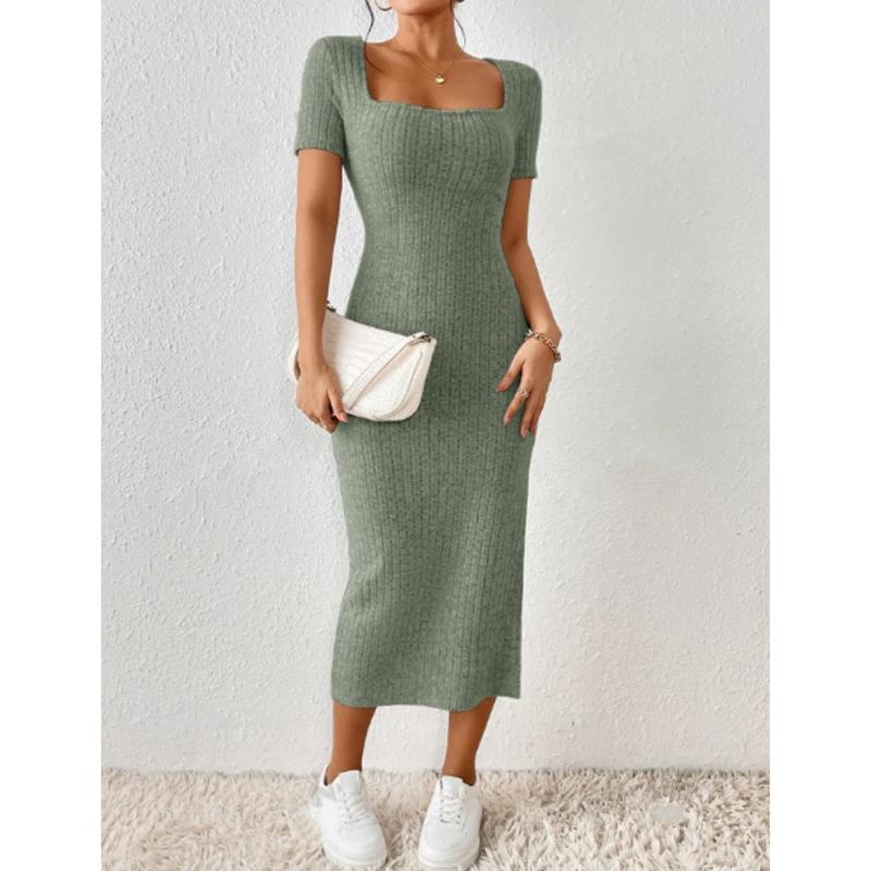 

Летнее новое женское трикотажное платье с коротким рукавом, элегантное модное сексуальное платье с квадратным вырезом, женское облегающее повседневное платье с высокой талией и разрезом для женщин 25102 XL зелёный