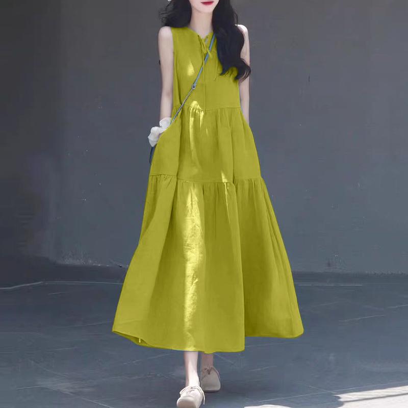 ZANZEA Women Lace Up Round Neck Summer Casual Sleeveless Dress