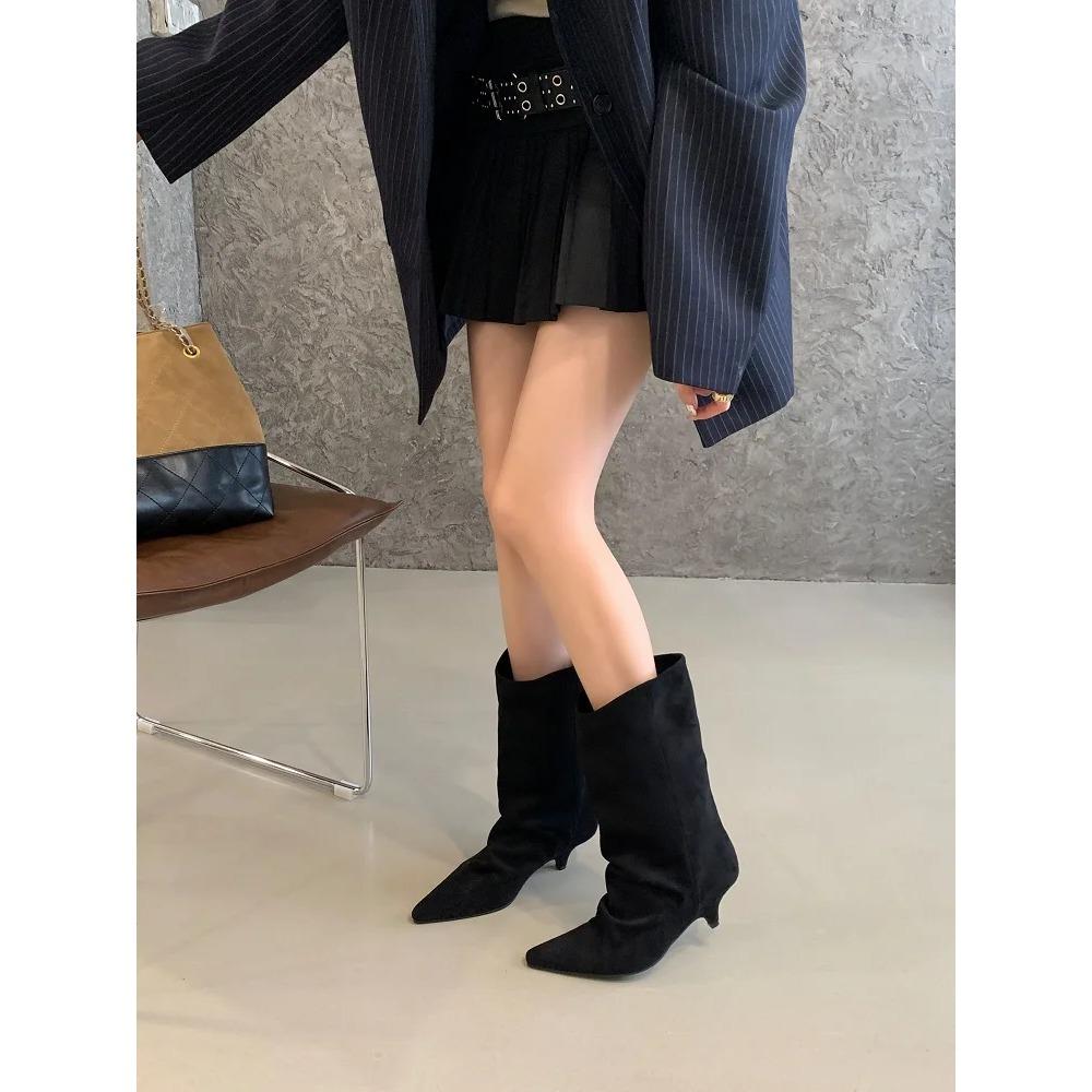 Stivaletti da Donna Vintage Punta Sottile Tacco Basso Scarpe Autunno Inverno Stivaletti Corti