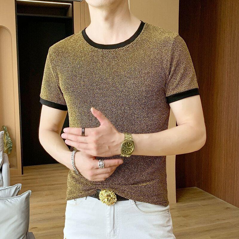 Shiny Silk Men O Neck Short Sleeve T Shirt Summer Fashion Hip Hop Punk Oversize Streetwear Golden Silver Party