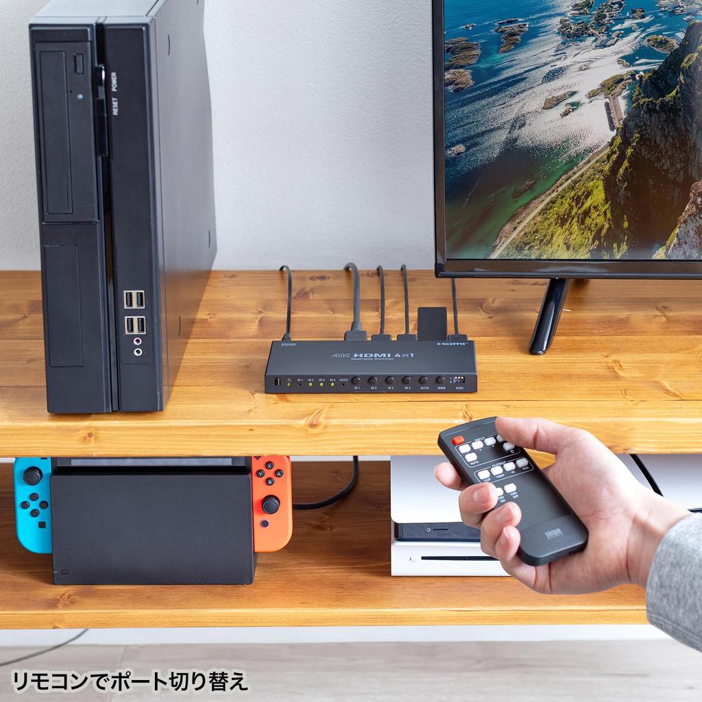 Sanwa Supply HDMI přepínač bezproblémové dálkové ovládání SW-UHD41RSL 4 vstupy, 1 výstup (kompatibilní s 4K, přepínání, v ceně)