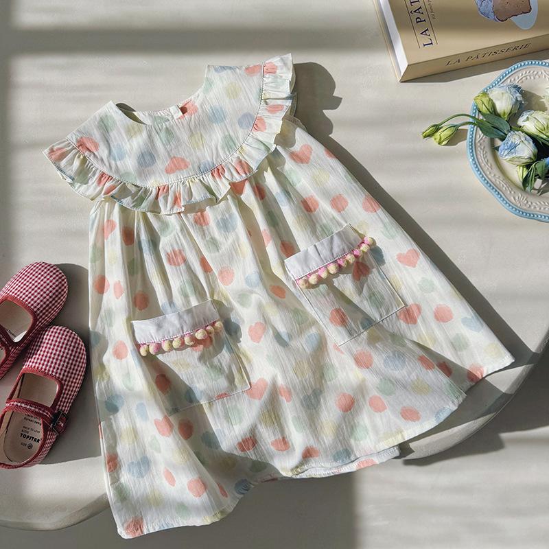 2026 Summer Girls' Colorful Polka Dot Dress with Korean Style Ruffle Collar