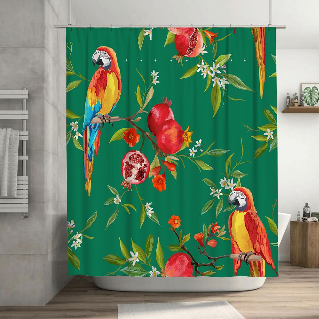 Colorful Parrot Pomegranate Waterproof Shower Curtain Green Floral Bath Decor – Extra Large Size for Home Use