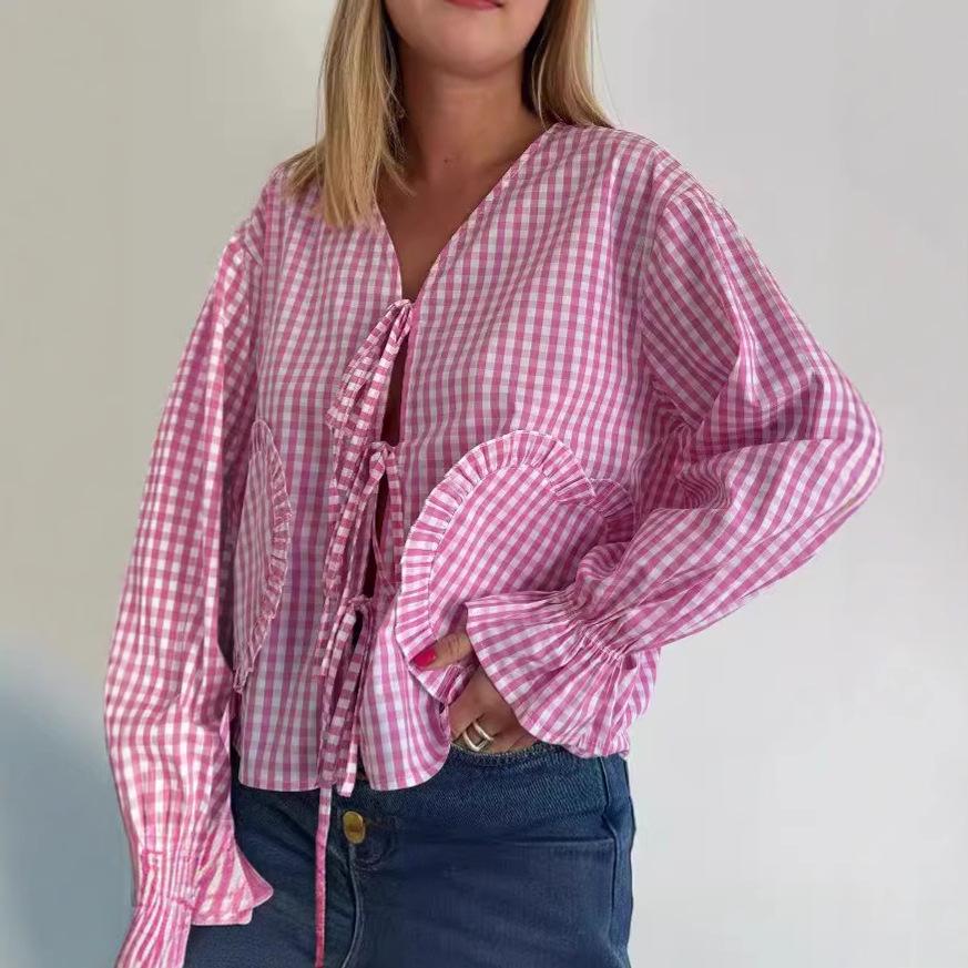 

European & American Plaid Heart Bell Sleeve V-Neck Tie Shirt for Women Large