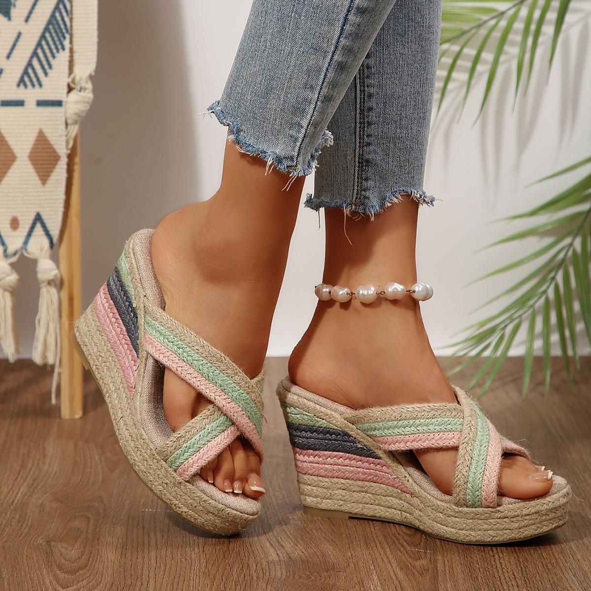 

Summer new fashionable versatile cross with thick-soled wedge heel thick-soled sandals women s wedge heel straw hemp rope sole sandals 42