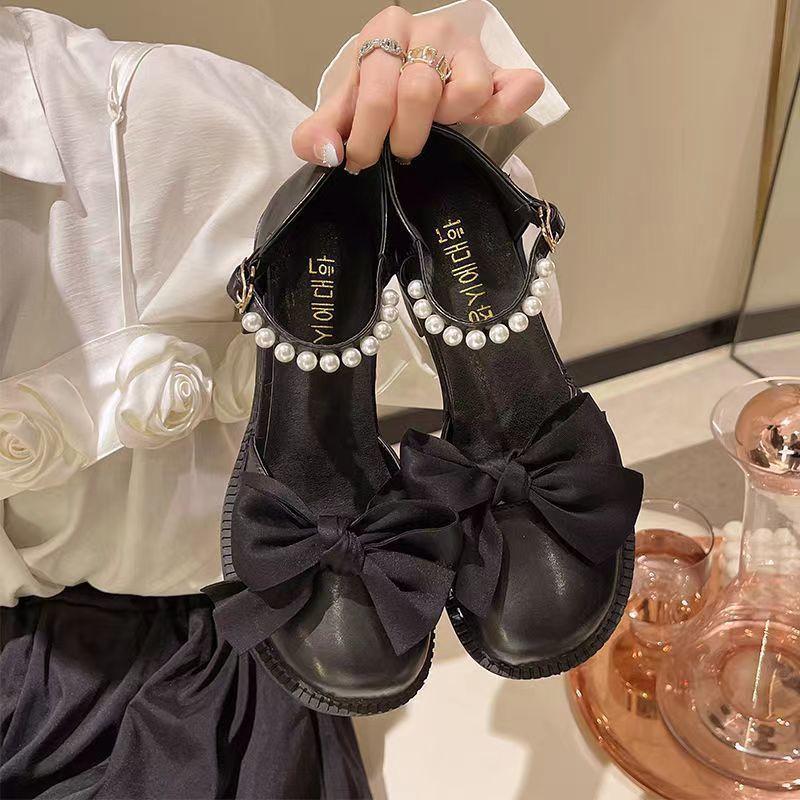 Mary Jane French high heels women's summer new pearl bow thick heel non-slip versatile small leather shoes bridesmaid shoes