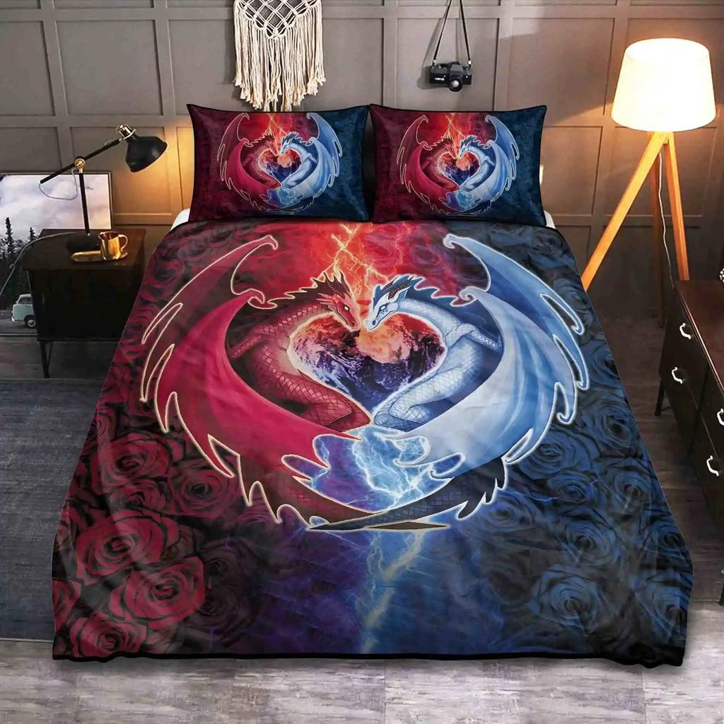 Dragon And Phoenix Duvet Cover Set Queen King Size Fantasy World Monster Bedding Sets Mens Boys And Teenagers Comforter Covers