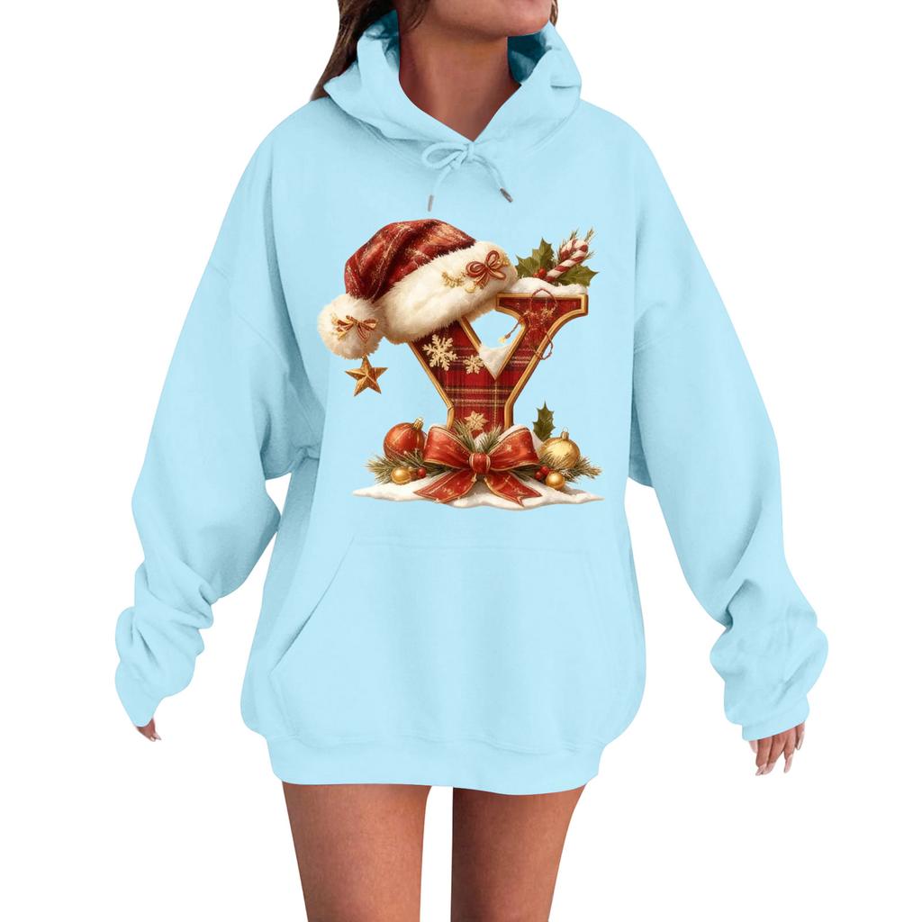Women's Casual Comfortable Long-Sleeved Christmas Letter-Printed Warm Hooded Crew-Neck Sweatshirt