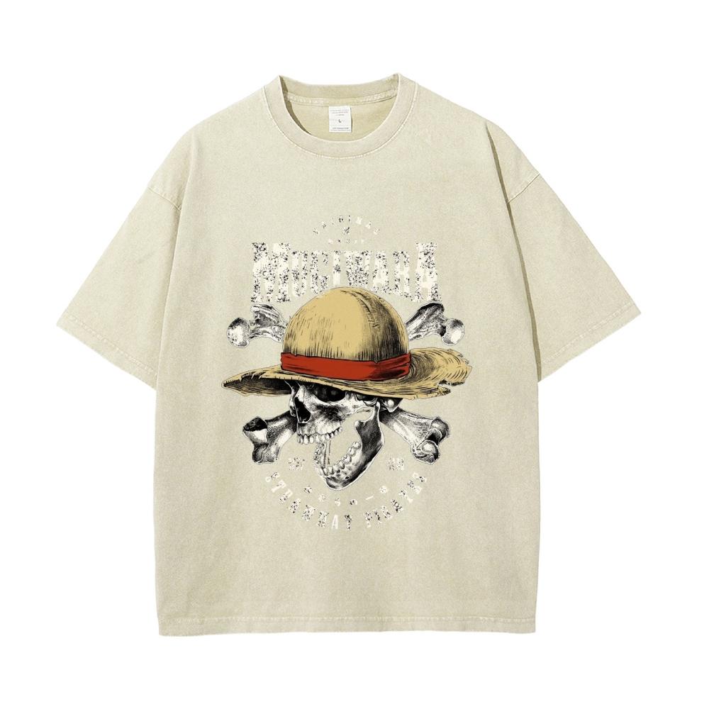 Mens Tshirt One Piece Anime Luffy Mugiwara Straw Hat Print Washed Cotton Casual Short Sleeve Tees Summer Streetwear Casual Top