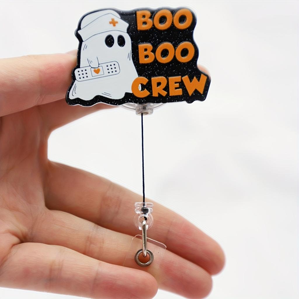 Halloween Boo Boo Crew Ghost Badge Reel, Acrylic Retractable ID Badge Holder with Swivel Clip for Nurses and Medical Staff, English Text
