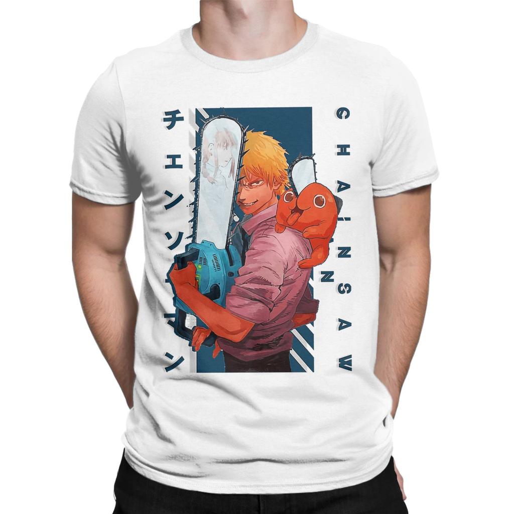 Vintage Denji And Pochita Chainsaw Anime T-Shirts Men Crew Neck 100% Cotton T Shirts  Short Sleeve Tee Shirt Gift Idea Clothing