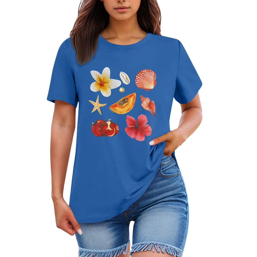 Ladies' Loose Comfortable Casual Fashionable  Fruit And Flower Pattern Printed Round Neck Short Sleeved Shirt