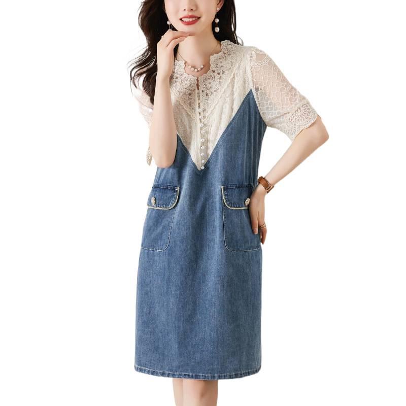 Plus Size Women's 2026 Summer Lace Patchwork Denim Dress - Light Luxury & Mature Style